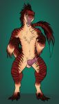  animal_genitalia animal_penis anthro blue_eyes brown_feathers chest_tuft claws dinosaur erection feathers invalid_tag knot male nude open_mouth penis pose raptor red_feathers simple_background solo standing teeth theropod tongue tuft yaroul 