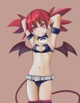  armad armband armpits arms_behind_head arms_up bad_id bad_pixiv_id belt black_legwear black_shorts choker collarbone demon_girl demon_tail demon_wings disgaea earrings etna flat_chest hair_tie highres jewelry looking_at_viewer micro_shorts navel pointy_ears red_background red_eyes red_hair red_legwear shorts simple_background smile solo standing tail tied_hair twintails wings 