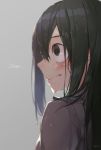  asui_tsuyu bangs black_eyes blurry blush boku_no_hero_academia character_name closed_mouth cursive depth_of_field green_hair grey_background hair_between_eyes long_hair looking_away looking_to_the_side looking_up ryota_(ry_o_ta) school_uniform sidelocks signature simple_background solo straight_hair u.a._school_uniform upper_body water_drop wet wet_hair 