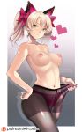  alternate_hair_color alternate_hairstyle animal_ears areolae black_cat_d.va black_legwear blonde_hair bow breasts cat_ears crotch_seam d.va_(overwatch) earrings fake_animal_ears frown hair_bow hand_on_hip heart heart_earrings highres jewelry light_blush looking_at_viewer medium_breasts navel nipples overwatch panties panties_under_pantyhose pantyhose pantyhose_pull pink_panties puffy_nipples solo stomach topless twintails underwear yellow_eyes yo-nashi 