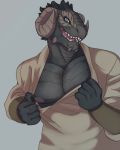  anthro argonian black_skin blue_eyes claws clothing horn looking_at_viewer male muscular nipples open_mouth pecs presenting ripping scalie shirt smile solo standing teeth the_elder_scrolls undressing video_games whireds 