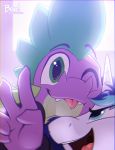  2017 blep braeburned dragon duo equine friendship_is_magic horn male male/male mammal my_little_pony one_eye_closed open_mouth shining_armor_(mlp) smile spike_(mlp) tongue tongue_out unicorn v_sign 