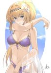  arm_across_chest bangs bare_shoulders bikini blonde_hair blue_eyes blue_sky breasts cleavage commentary_request crossed_arms day flower granblue_fantasy hair_flower hair_intakes hair_ornament hairband izupix jeanne_d'arc_(granblue_fantasy) large_breasts long_hair looking_at_viewer outdoors purple_bikini see-through side-tie_bikini signature sky solo swimsuit transparent wet 
