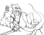  arrow black_and_white blush claws female guoh horn kobold melee_weapon monochrome ring rock scales scalie simple_background solo sword toe_claws weapon 