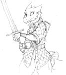  bag black_and_white clothing guoh horn kobold melee_weapon monochrome scalie simple_background sword weapon 