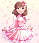  belt blue_eyes blush breasts brown_hair cherry_blossoms cowboy_shot dress finger_ribbon floral_background flower hair_ribbon hairband highres idolmaster idolmaster_cinderella_girls kira!_mankai_smile lace lace-trimmed_dress long_sleeves looking_at_viewer medium_breasts nanananananasea open_mouth petals pink_background pink_dress ribbon sakuma_mayu short_hair skirt skirt_hold smile solo standing 