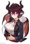  blazer breasts dragon_girl dragon_horns dragon_tail dragon_wings frilled_shirt frills granblue_fantasy grea_(shingeki_no_bahamut) hair_between_eyes highres horns interlocked_fingers jacket large_breasts looking_at_viewer oyu_(sijimisizimi) pointy_ears purple_hair red_eyes red_ribbon ribbon school_uniform shingeki_no_bahamut shirt short_hair simple_background solo tail twitter_username upper_body white_background white_shirt wings 