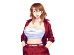  1girl belt breast_suppress breasts brown_hair cleavage collarbone earrings game_cg hair_between_eyes hands_in_pocket highres huge_breasts jacket long_hair looking_at_viewer oohara_kyuutarou open_jacket open_mouth original pink_eyes red_clothes red_jacket sarashi shirouto_yan_mama,_kosatsu_av_debut:_mitena,_onna_wa_dokyou_daze! simple_background smile solo standing transparent_background upper_body 