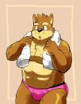  2017 5_fingers anthro butt canine chest_tuft clothed clothing dog kenta kenta_shiba_(character) male mammal muscular muscular_male pink_underwear shiba-kenta shiba_inu simple_background skimpy solo standing stocky sweat topless towel tuft underwear 