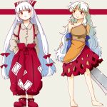  arm_at_side armband arms_behind_back baggy_pants bangs bare_legs bare_shoulders barefoot beige_blouse blouse bow buttons c: closed_mouth collarbone commentary_request detached_sleeves dress eyebrows_visible_through_hair fujiwara_no_mokou full_body hair_bow hand_in_pocket hatchet holding katowo long_hair long_sleeves looking_at_another looking_to_the_side medium_dress multicolored multicolored_clothes multicolored_dress multiple_girls ofuda ofuda_on_clothes oriental_hatchet pants red_eyes red_footwear red_pants sakata_nemuno shoe_bow shoes single_strap smile suspenders touhou very_long_hair white_bow white_hair 