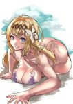  absurdres ass bangs bare_shoulders bikini blonde_hair blue_eyes blue_sky breasts butt_crack cleavage commentary_request flower fujitsubo_(hujitubo0731) granblue_fantasy hair_flower hair_ornament hairband highres jeanne_d'arc_(granblue_fantasy) large_breasts long_hair looking_at_viewer lying on_side on_stomach outdoors purple_bikini side-tie_bikini sky smile solo swimsuit twisted_torso 