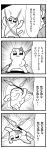  4koma :3 :d absurdres bkub blade cat cat_focus comic faceless faceless_female greyscale halftone highres holding holding_weapon kon'ya_wa_neko-chan monochrome motion_lines open_mouth pose shirt short_hair sidelocks simple_background smile speech_bubble spinning talking translation_request two-tone_background weapon 