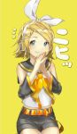  aqua_eyes blonde_hair blue_eyes blush bow detached_sleeves grin hair_bow hair_ornament hairclip hands_together happy headphones headset highres kagamine_rin looking_at_viewer nail_polish sailor_collar sawashi_(ur-sawasi) short_hair shorts smile solo vocaloid yellow_background yellow_nails 