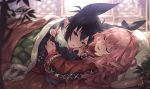  2girls animal_ears bed black_hair hug long_hair mano_(narumi_arata) narumi_arata original pink_hair pointed_ears purple_eyes recri short_hair shoujo_ai sleeping 