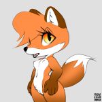  2018 5_fingers anthro breasts canine dipstick_tail eyelashes female fox grey_background inner_ear_fluff mammal midriff multicolored_tail navel nipples nude orange_eyes pussy signature simple_background solo teeth tongue wide_hips xylas 