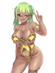  ;d absurdres arm_at_side bangs blush bow breasts center_opening collarbone commentary_request covered_nipples cowboy_shot dark_skin earrings eyebrows_visible_through_hair fang glasses gold_swimsuit green_hair halterneck hand_up highleg highleg_swimsuit highres hoop_earrings jewelry large_breasts legs_apart looking_at_viewer medium_hair navel o-ring o-ring_swimsuit okamen one_eye_closed open_mouth original simple_background skindentation smile solo standing swimsuit thigh_strap twintails v white_background yellow_bow 