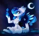  2018 blue_eyes cosmic_feathers cosmic_hair detailed_background digital_media_(artwork) dragon eyelashes feathered_dragon feathered_wings feathers female feral fur furred_dragon magnaluna paws sitting solo white_fur wings 