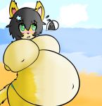  anthro belly big_belly big_breasts black_hair blush breasts cat catsikune catsikune_(character) clothed clothing crossdressing cute feline female fluffy fluffy_tail fur green_eyes hair huge_breasts hyper hyper_belly hyper_breasts hyper_inflation inflation male_pregnancy mammal navel panties pregnant solo squish squishy underwear yellow_fur 