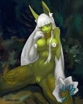  anthro breasts claws feline female green_skin hair inner_ear_fluff mammal navel nebaglubina nipples nude pussy sitting solo white_hair 