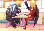 beckoning black_coat black_wings booth cravat crossover crushing cup diner drinking_glass gloves hat high_heels izanagi jacket long_coat looking_at_viewer no_humans persona persona_3 persona_4 persona_5 red_jacket saucer shield shiweru sitting teacup thanatos top_hat translated white_gloves wings yellow_eyes 