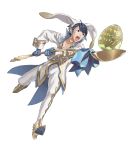  alfonse_(fire_emblem) alternate_costume animal_ears animal_hat blue_eyes blue_gloves blue_hair bunny_ears collarbone easter_egg egg fake_animal_ears fire_emblem fire_emblem_heroes flower full_body gloves hairband hat highres holding kozaki_yuusuke leg_up male_focus multicolored_hair open_mouth pectorals solo spoon streaked_hair sweatdrop transparent_background 