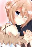  bare_shoulders blanc blue_eyes blush book brown_hair fur_trim hat heart highres interlocked_fingers looking_at_viewer neptune_(series) one_eye_closed shironeko_haru short_hair smile solo 