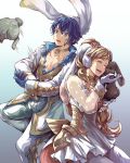  1girl absurdres alfonse_(fire_emblem) alternate_costume animal_ears blonde_hair blue_hair brother_and_sister bunny bunny_ears choker closed_eyes cuddling dress fake_animal_ears fire_emblem fire_emblem_heroes gradient gradient_background highres jin_(phoenixpear) long_hair pectorals see-through sharena siblings simple_background smile white_dress 