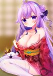  1girl :o azur_lane bangs bare_shoulders black_ribbon blurry blurry_background blush breasts collarbone commentary_request depth_of_field eyebrows_visible_through_hair floral_print hair_bun hair_flaps hair_ribbon head_tilt highres hinanosuke japanese_clothes kimono kimono_pull large_breasts long_hair looking_at_viewer obi one_side_up parted_lips print_kimono pulled_by_self purple_eyes purple_hair red_kimono ribbon sash side_bun sidelocks sitting solo stuffed_animal stuffed_toy stuffed_unicorn thighhighs unicorn_(azur_lane) very_long_hair white_legwear 