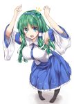  :d absurdres armpits arms_up bare_shoulders black_legwear blouse blue_eyes blue_skirt blush breasts detached_sleeves frog_hair_ornament fule green_hair hair_ornament hairband highres kochiya_sanae large_breasts long_hair looking_at_viewer open_mouth pantyhose pigeon-toed skirt smile solo teeth tight touhou 