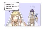  1girl alfonse_(fire_emblem) alternate_costume animal_ears blonde_hair blue_background blue_hair brother_and_sister bunny_ears comic english fake_animal_ears fire_emblem fire_emblem_heroes green_eyes highres milkbean sharena siblings simple_background waving 