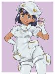  :d aether_foundation_employee aether_foundation_uniform bangs black_hair blush breasts brown_eyes contrapposto dark_skin eyebrows eyebrows_visible_through_hair gloves hand_on_hip hat heal_ball holding holding_poke_ball legs_apart medium_breasts open_mouth pantyhose poke_ball pokemon pokemon_(game) pokemon_sm pouch short_hair short_jumpsuit short_sleeves smile solo standing teeth tongue white_gloves white_hat white_legwear zaitsu 