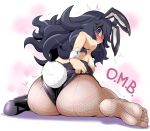  1girl @_@ animal_ears ass bare_shoulders black_hair blush breasts bunny_ears bunny_tail bunnysuit detached_collar feet fishnet_legwear fishnet_pantyhose fishnets hairband hex_maniac_(pokemon) high_heels large_breasts long_hair messy_hair one_shoe pantyhose pokemon pokemon_(game) pokemon_xy purple_eyes single_shoe soles tail takura_mahiro toes wrist_cuffs 