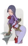  bangs blue_eyes closed_mouth commentary fate/grand_order fate_(series) highres leaning_on_object long_hair looking_at_viewer minamoto_no_raikou_(fate/grand_order) multicolored multicolored_clothes purple_hair simple_background solo tassel tim_loechner 