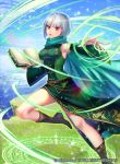  armpits bangs blue_sky book boots breasts cape cloud commentary company_name copyright_name day dress earrings eyebrows_visible_through_hair fetra_(fire_emblem) fingernails fire_emblem fire_emblem:_seisen_no_keifu fire_emblem_cipher grass holding holding_book jewelry knee_boots looking_at_viewer magic matsurika_youko medium_breasts ocean official_art open_book outdoors parted_lips red_eyes short_hair silver_hair sky sleeveless sleeveless_dress solo water wide_sleeves 