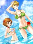  2girls 90s agent_aika aida_rion artist_request asymmetrical_bikini bikini blue_eyes blush breasts brown_hair choker cleavage closed_mouth cloud embarrassed glasses hair_ornament hairband large_breasts leaf leaf_bikini medium_breasts multiple_girls navel ocean open_mouth orange_hair outdoors pixiv seashell shell shell_bikini short_hair side-tie_bikini sideboob sky smile standing sumeragi_aika swimsuit underboob 