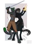  2018 5_fingers amber_eyes anthro araivis-edelveys black_hair black_nose breasts clothed clothing digital_media_(artwork) digitigrade duo feline female green_eyes hair holding_object holding_weapon jaguar male mammal melee_weapon pants sword tiger weapon 