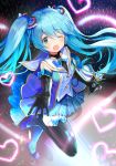  ;d bangs black_gloves black_legwear blue_hair blue_skirt blush commentary_request elbow_gloves eyebrows_visible_through_hair full_body gloves glowstick green_eyes hair_between_eyes hair_ornament hatsune_miku hayama_eishi heart heart_hair_ornament holding holding_microphone long_hair looking_at_viewer microphone official_art one_eye_closed open_mouth outstretched_arm plaid plaid_skirt pleated_skirt purple_footwear purple_shirt sailor_collar shirt shoes sidelocks skirt sleeveless sleeveless_shirt smile solo standing standing_on_one_leg thighhighs very_long_hair vocaloid white_sailor_collar winged_shoes wings 