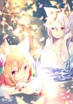  animal_ear_fluff animal_ears bangs blonde_hair blurry blurry_foreground blush breasts cat_ears chita_(ketchup) cleavage closed_mouth collarbone commentary_request depth_of_field eyebrows_visible_through_hair fingernails flower fox_ears fox_girl fox_tail hair_between_eyes hair_flower hair_ornament hand_up highres large_breasts long_hair multiple_girls nail_polish naked_towel original partially_submerged petals pink_flower purple_nails red_eyes rock signature silver_hair smile tail thick_eyebrows towel tree very_long_hair water 
