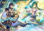  armor armored_boots belt blue_eyes blue_hair boots bracelet breastplate breasts cape commentary company_name copyright_name dress falchion_(fire_emblem) fire_emblem fire_emblem:_kakusei fire_emblem_cipher gauntlets gloves glowing glowing_weapon green_hair hand_on_own_chest holding holding_sword holding_weapon indoors jewelry krom light_particles long_hair long_sleeves mamkute medium_breasts naga_(fire_emblem) navel official_art pointy_ears shield short_hair shoulder_armor shoulder_pads sparkle sword tiara umiu_geso weapon 