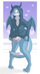  2018 3_toes absurd_res anthro balls blue_eyes blush bottomless claws clothed clothing digital_media_(artwork) dragon hi_res hoodie humanoid_penis male membranous_wings penis precum skipsy skipsy_dragon_(character) solo toe_claws toes uncut wings 