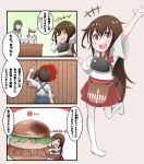  1boy 3girls 3koma admiral_(kantai_collection) akagi_(kantai_collection) black_hair brown_eyes brown_hair comic dying_message food gundam gundam_tekketsu_no_orphans hakama_skirt hamburger highres japanese_clothes kaga_(kantai_collection) kantai_collection long_hair lying multiple_girls muneate nishira_(nishira1) on_stomach ooyodo_(kantai_collection) pool_of_blood school_uniform serafuku side_ponytail straight_hair tasuki thighhighs translated white_legwear younger 