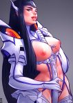  absurdres bakuzan bangs between_breasts black_hair blue_eyes boots breastless_clothes breasts highres junketsu katana kill_la_kill kiryuuin_satsuki large_breasts lips long_hair looking_at_viewer nat_the_lich naughty_face nipples nose saliva saliva_trail solo suggestive_fluid suspenders sword sword_between_breasts thick_eyebrows thigh_boots thighhighs tongue weapon 