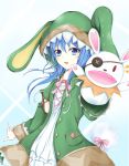  animal_hood blue_eyes blue_hair blush brkn bunny_hood bunny_tail cloak coat date_a_live dress green_coat hair_between_eyes hand_puppet highres hood hood_up hooded_cloak long_hair looking_at_viewer open_clothes open_coat puppet raincoat solo tail white_dress yoshino_(date_a_live) yoshinon 