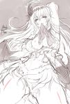  akagi_rio arm_up ass_visible_through_thighs dark_jeanne feathers from_below gloves gloves_removed granblue_fantasy hair_feathers jeanne_d'arc_(granblue_fantasy) long_hair monochrome mouth_hold navel solo spot_color 