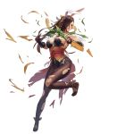  alternate_costume animal_ears bare_shoulders breasts brown_hair bunny_ears carrot cleavage clenched_teeth commentary cuboon fake_animal_ears fire_emblem fire_emblem_heroes fire_emblem_if food full_body gloves hair_over_one_eye highres holding holding_vegetable kagerou_(fire_emblem_if) large_breasts leg_up leotard long_hair looking_away official_art pantyhose sandals solo strapless strapless_leotard teeth torn_clothes torn_gloves torn_legwear transparent_background vegetable 