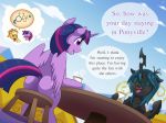  applejack_(mlp) beverage butt coffee english_text equine eyes_closed female friendship_is_magic horn horse invalid_tag mammal my_little_pony pony queen_chrysalis_(mlp) table text twilight_sparkle_(mlp) vavacung wings 