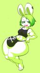  breasts bulge bulumble-bee clothing dickgirl fur green_fur green_hair hair intersex lagomorph looking_at_viewer mammal muscular panties piercing rabbit rabiit shirt simple_background solo tank_top teeth thick_thighs tongue underwear 