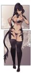  :d au_ra black_bra black_hair black_legwear black_panties bra breasts bright_pupils brown_eyes cleavage dragon_girl final_fantasy final_fantasy_xiv finger_to_mouth full_body hair_between_eyes hand_on_hip high_ponytail highres horns lamb-oic029 long_hair looking_at_viewer medium_breasts monster_girl open_mouth panties side-tie_panties smile solo standing tail thighhighs underwear underwear_only white_pupils 
