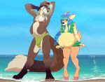  anthro belly big_belly blush canine cervine clothing deer digital_media_(artwork) duo erection evelynn_(xiekon) fur hair horn looking_at_viewer male male_pregnancy mammal navel nipples pregnant pregoo rodyn simple_background smile solo swimsuit wolf 