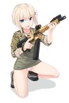  absurdres ar-15 bangle blonde_hair blue_eyes bottomless bracelet camouflage commentary fang full_body gun hair_ornament hairclip highres holding holding_weapon ivan_wang jewelry looking_at_viewer machine_gun military military_uniform one_knee open_mouth original panties pantyshot pantyshot_(one_knee) rifle shoes short_hair sleeves_folded_up sneakers solo underwear uniform weapon white_panties 